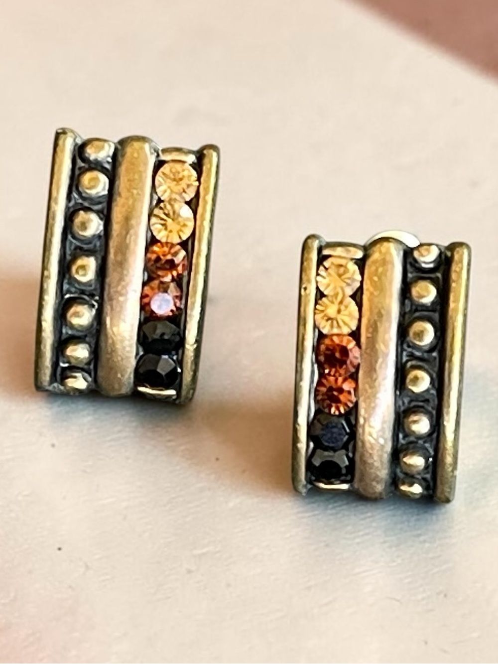 Vintage Chico's Bronze Tone Striped Crystal Button Earrings Textured